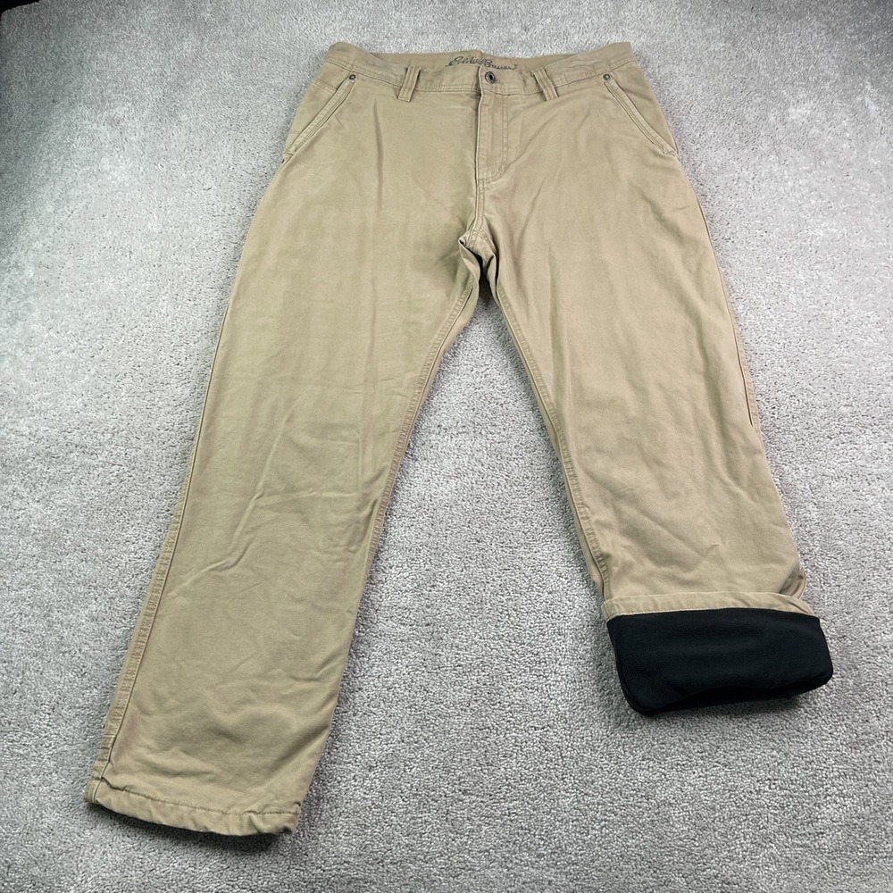 Eddie Bauer Pants Mens 34x30 Tan Khaki Fleece Lined Canvas Winter Work Utility